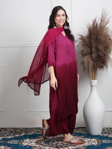Image of Women's Lucknowi Chikankari Hand-Embroidered Rayon Dyed Kurta, Palazzo & Dupatta 3-Piece Set | Festive, Ethnic & Casual Suit