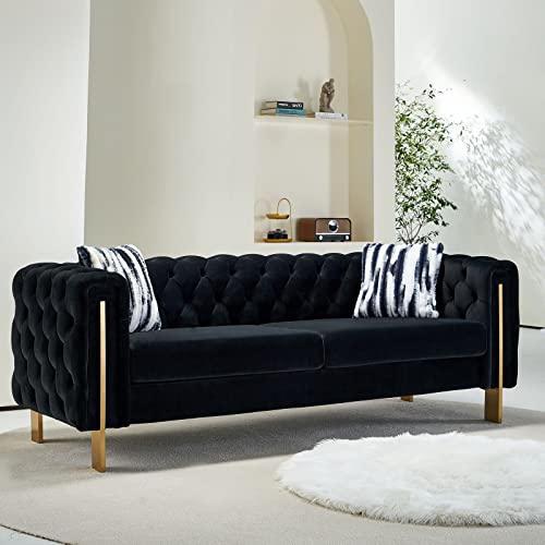 Image of Dolonm Velvet Tufted Sofa for Living Room, 84 inch Mid-Century Modern Couch with 2 Throw Pillows, High Arms & Gold Metal Legs, Luxury Chesterfield Furniture (Black)