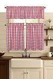 HEIRLOOM COMFORT Gingham Check Kitchen Curtains Set - 2 Tiers 26'x36' & Valance 54'x18', Rod Pocket, Semi Sheer Window Curtains for Kitchen, Bathroom, Living Room - Red and White