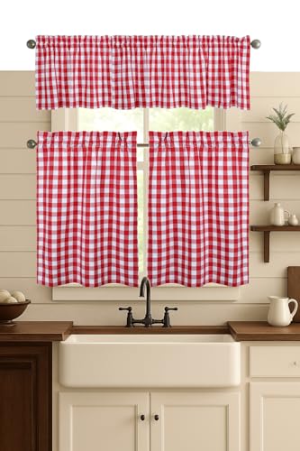 HEIRLOOM COMFORT Gingham Check Kitchen Curtains Set - 2 Tiers