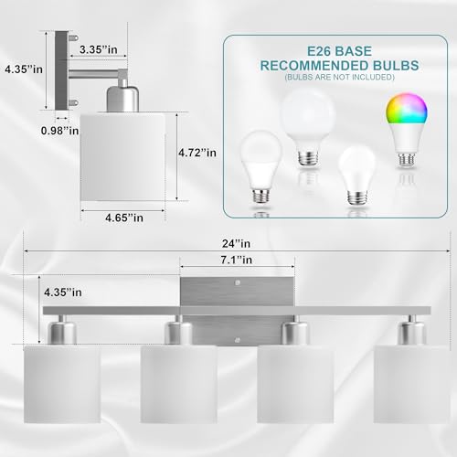 Image of Bathroom Lights Over Mirror Brushed Nickel, Anti-Rust 4-Light Bathroom Vanity Light Fixtures, Modern 24Inches Wall Sconces E26 Base, Milky White Glass Shades, Bulbs Not Included