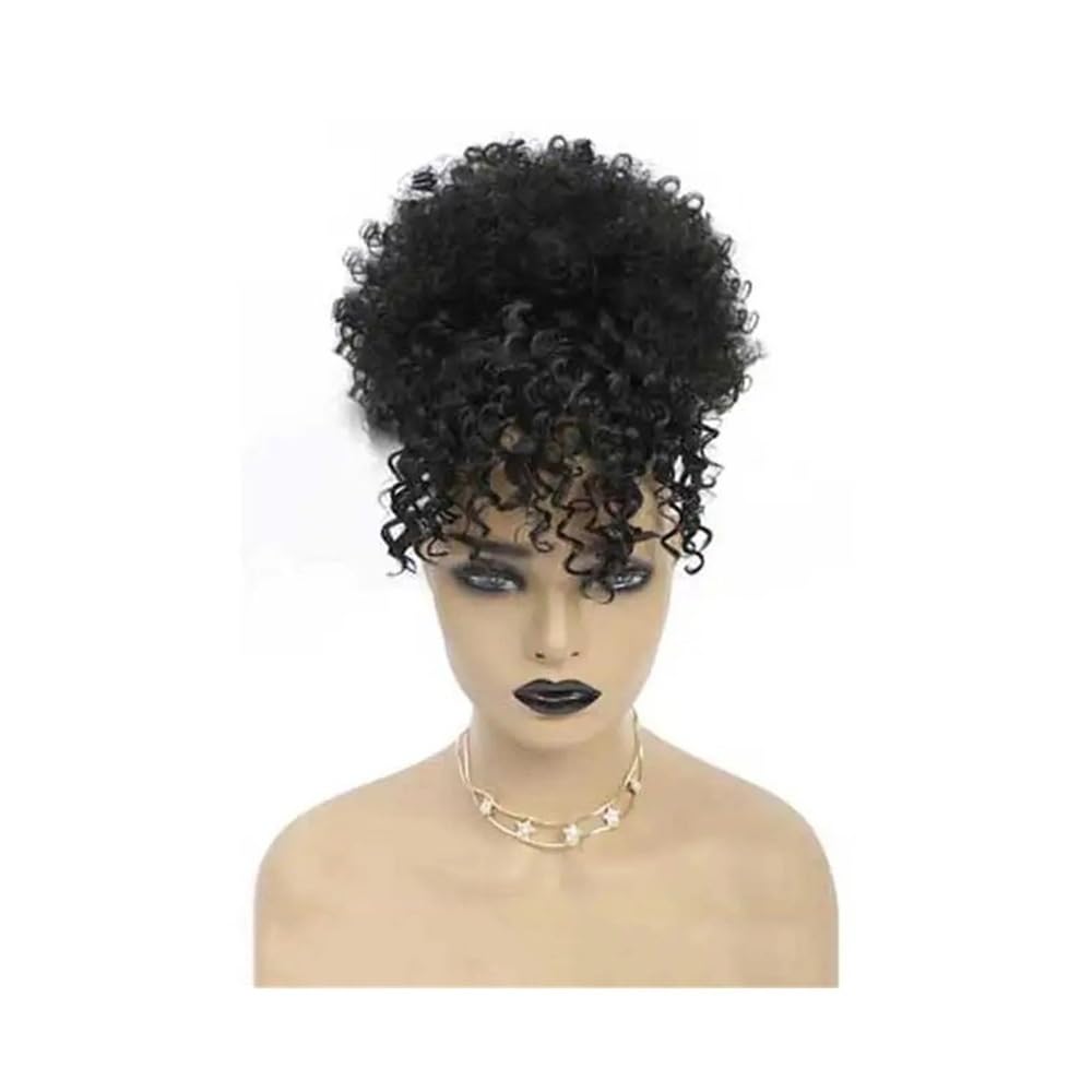Künstlicher Dutt Synthetischer, kurzer, krauses, lockiges Pferdeschwanz mit Kordelzug und Pony, Clip-in-Afro-Haarteil hohem Puff-Dutt Frauen(1B)