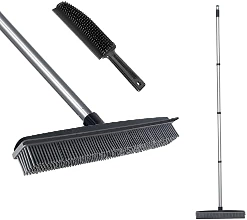 Rubber Broom with Squeegee Fur and Long Handle, Carpet Rake and Lint Brush Set for Pet Dog Cat Hair Removal Tool, Sweeping Rug Brush Indoor Outdoor,Push Broom for Soft Carpet,Tile,Wooden Floor