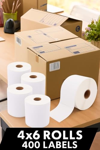 Image of Thermal Label Printer Paper 4x6, 400 Labels per Roll - Pack of 8 | Thermal Shipping Labels | Strong Adhesive, Easy Peel | Compatible with All Direct Thermal Printers