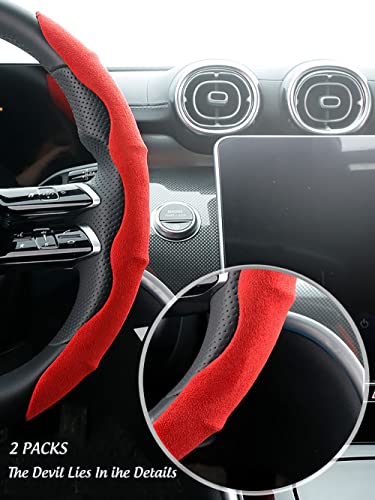 Vacallity Suede Steering Wheel Cover Segmented Snap On Steering Wheel Grip Case Non-Slip Soft Car Accessory Universal Car O Or D Shape Steering Cover, Cool For Men&Women 1Pair/2Pcs Red #TOP1