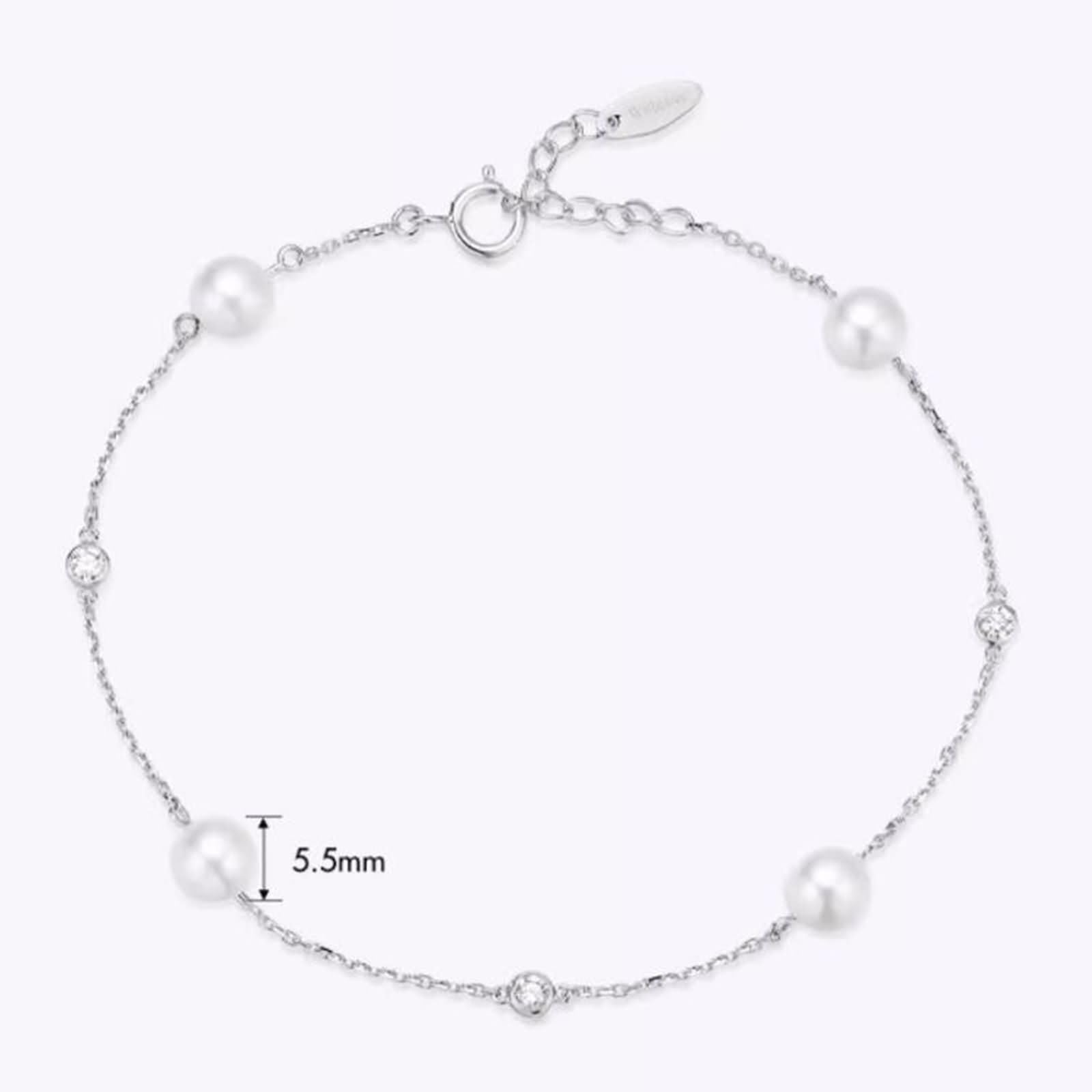 Pulseras de Mujer Oro Blanco 9 Kilates / 14 Kilates / 18 Kilates, Perlas 5.5-6 MM y Diamante, Cadena Extensible 16 CM + 5 CM, Pulsera de Ajustable Mujer Plata