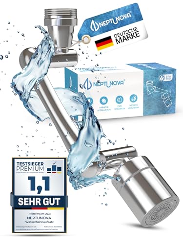 NEPTUNOVA® Wasserhahn Aufsatz 1440 Grad schwenkbar - Wasserhahn Verlängerung für Küche & Bad - universeller & Wasser sparender Perlator aus verchromten Messing - BPA Frei