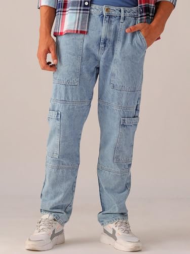Image of The Indian Garage Co Men Dad Fit Solid Mid-Rise Cargo Denim