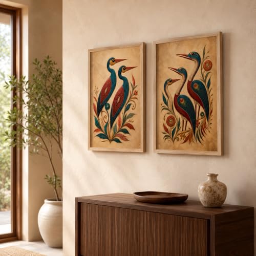 Image of Livin'luxe Set of 2 Ethnic Bird Floral Wall Paintings for Living Room Bedroom Hallway Decor with Premium Wooden Color Synthetic Frame (25.5 x 19.5 Inch) NM02-104