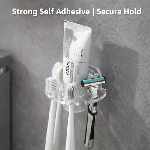 Image of Self Adhesive Hooks for Wall Heavy Duty - 10kg Load Capacity Waterproof Transparent Wall Hooks for Hanging - No Drilling Nail (ProHold Hoo (5 in 1 Toothbrush Holder Pack of 1)
