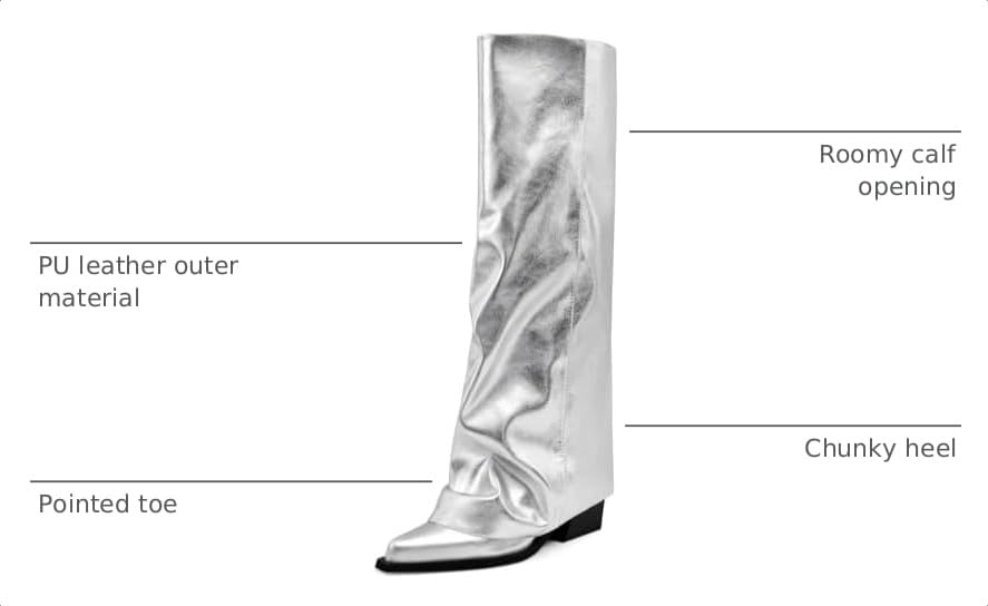 Image of Women's Fold Over Knee High Boots Wide Calf Chunky Heel Long Boots | Women Pointed Toe Tall Boots, Fashion Slouchy Boots, Side Zipper Shark Boots, Dress Tall Boots for Fall Spring Winter