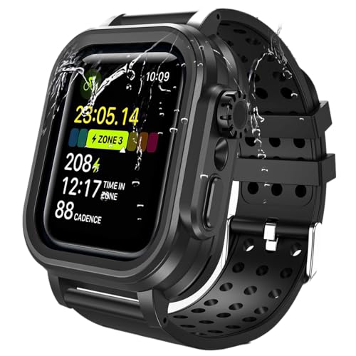 Hensinple Waterproof Case For Apple Watch Band 45mm Series 8/7 with Case, IP68 Waterproof Case built-in Screen Protector 360 Full Protective Shockproof Durable Band Cover for Men Women 45mm, Black