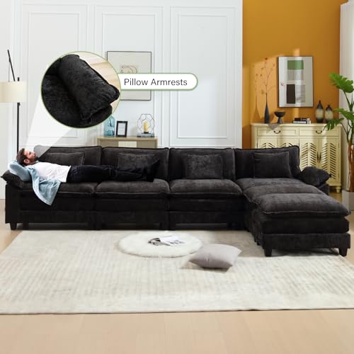 Image of Oprisen 154 inch Modular Sectional Sofa, Comfy Cloud Couch Sectional Sofa with Ottoman, Chenille Sofa Sleeper Deep Seat Sofa with Throw Pillows for Living Room (Black, 154 inch- U Shape)