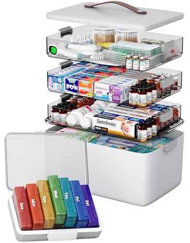 CTIME 4-lagige XXL-Medikamentenbox (Set) Tragbarer Organizer mit Ledergriff leerer Aufbewahrungskoffer für Haushalt Hobby Nähzubehör & Bastelbedarf