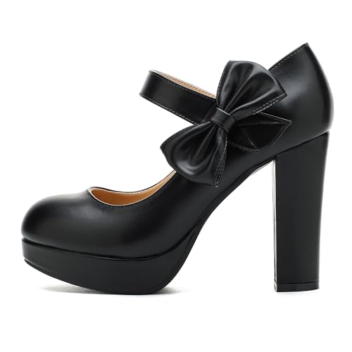 Image of MAIERNISI JESSI Women's Platform Mary Jane Pumps with Bow, 3.94 Inch Block Heel Dress Shoes