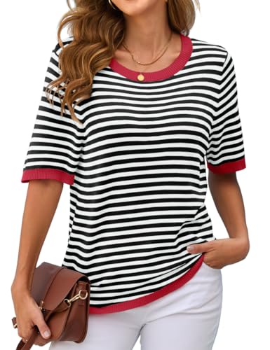 Actcat Gestreiftes Kurzarm-Sommershirt für Damen Tshirt Locker Rundhals Kurzarm Tshirt Damen Damenblusen Casual Stricken Pullover Black White S