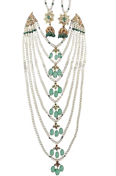 Bridal Hyderabadi Red/Green Ruby Satlada Long Princess Necklace with Jhumka Earrings in Cultured Pearls and Simulated Ruby Emerald beads for Womens & Girls