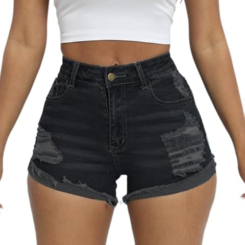 Women Mid Rise Stretchy Denim Shorts Ripped Hem Folded Frayed Distressed Short Jeans (Black,L) Cover
