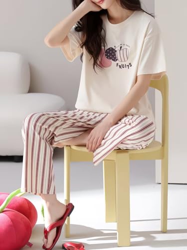 Image of Celary Korean Women's Pyjama Set|Half Sleeve T-Shirt & Printed Pyjama Set for Women|Size:- M to 4XL|Soft Cotton Blend Comfortable Night Suit for Women
