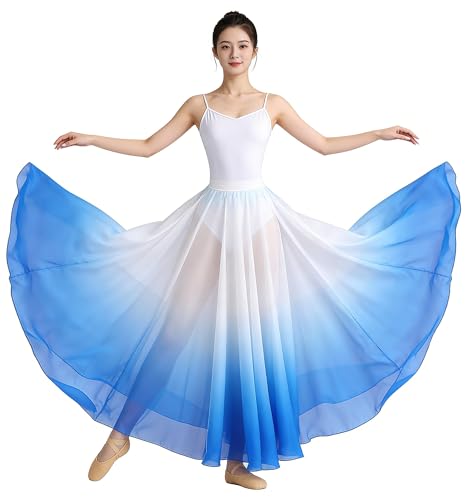 Z&X Modern Ballet Lyrical Dance Skirt Gradient Color Sheer Long Flowy Skirts for Ballerinas Photography Performance Royal Blue White