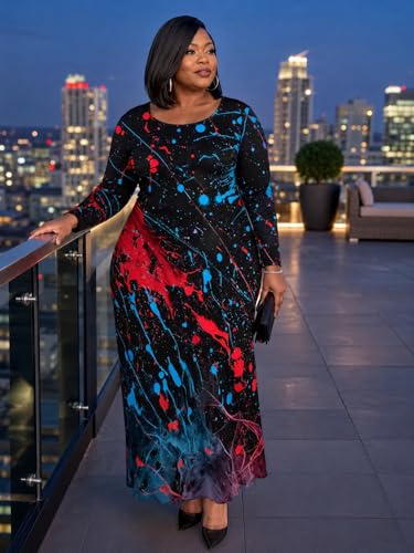 Image of PinkPatty Plus Size Maxi Dress for Curvy Women Crew Neck Long Sleeves Casual Dress Vacation Sundresses with Pockets