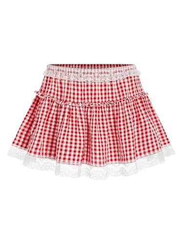 OYOANGLE Women's Plus Size Plaid Print Lace Trim Mini Skirt Elastic Low Waist Ruffle Y2K A Line Short Skirts