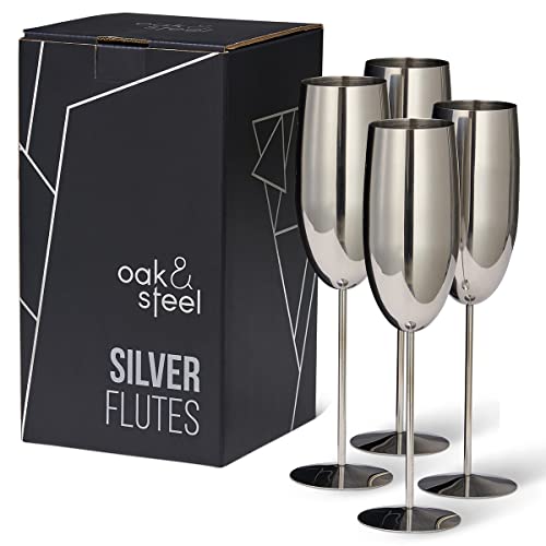 Oak & Steel - 4 Silver Stainless Steel Champagne Flutes 10 oz with Gift Box - Elegant, Solid & Unbreakable - Outdoor Parties, Picnic, Beach & Pool