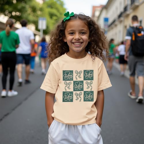Image of GLIGLITTR Kids St Patricks Day Shirt Girls Bow Shamrock Clover Lucky Graphic T-Shirt Irish Short Sleeve Tee Tops 7-12 Years