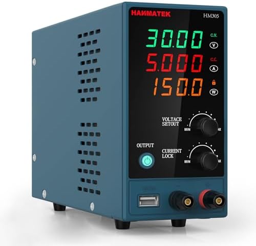 HANMATEK HM305 DC Power Supply Variable, 0-30V/0-5A Adjustable Bench Power Supply with 4-Digit LED Display, Display Power, Lock Function(Button), Protective Function, One Key Switch Control