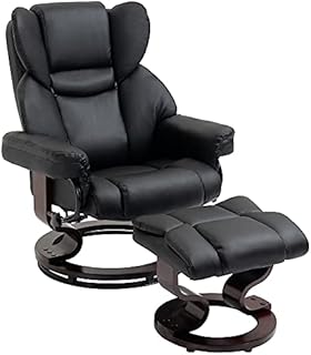 HOMCOM Reclining Swivel Armchair Footstool Set Sofa Padded PU Leather Relaxing Manual Duo Metal Frame Bentwood Base Black