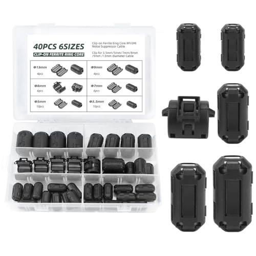 YOYEAH Set di 40 nuclei in ferrite per cavi – Filtro in ferrite pieghevole con 6 diverse misure – Anello in ferrite – Filtro anti-interferenza per cavo RFI EMI – Nero – Diametro interno da 3,5 mm a 13