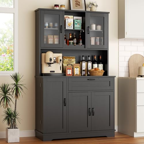 Image of Vongrasig Kitchen Pantry Cabinet, Tall Farmhouse Storage Cabinet, Black