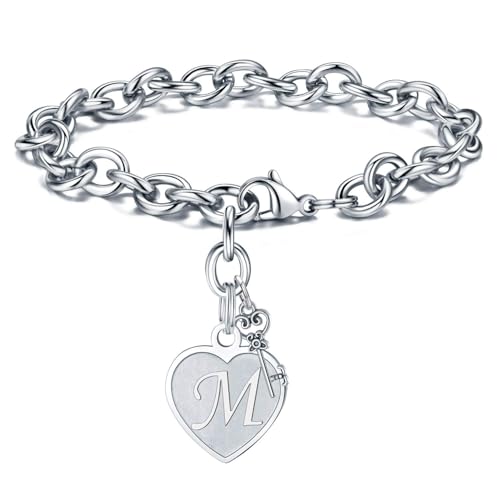 Image of M MOOHAM Heart Initial Bracelets for Girls Women - Engraved 26 Letters Initial Charms Bracelet Stainless Steel Bracelet Birthday Christmas Jewelry Gift for Women Teen Girls