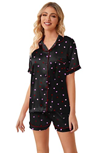 Image of Umeyda Women & Girls Pajamas Set, 2 Piece PJS Satin Silk Sleepwear Button-Down Top with Shorts for Mom Kids Gifts