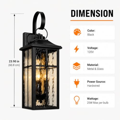 Image of 2 Pack Dusk to Dawn Outdoor Wall Lights, 23.9 inch Black | Waterproof Exterior Lantern with Water Ripple Glass, Modern Wall Light Fixture Mounted, Large Outside Light for Garage Patio