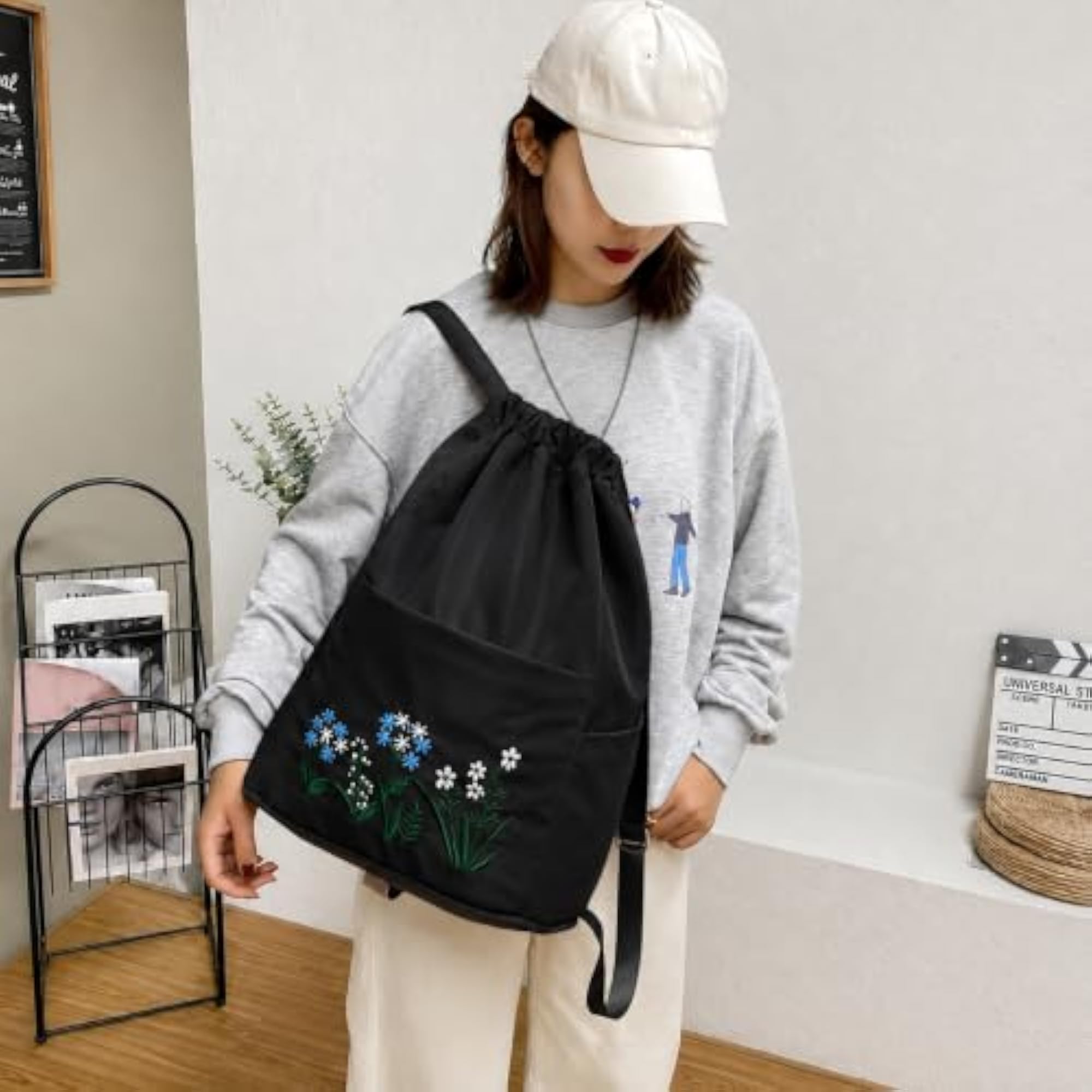 Women's Floral Embroidery Drawstring Backpack, Lightweight Travel Bag