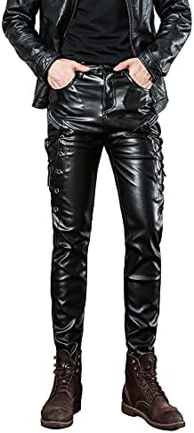 DSDZ Rock Punk Men’s Zippers Patch PU Leather Hip Hop Skinny Motocycle Pants