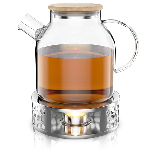 Glas Teekanne mit Stövchen – Bambusdeckel – inklusive Edelstahlstövchen – Fassungsvermögen 1,4 Liter – hitzebeständig – mit Siebeinsatz für Blütentee – einfache Reinigung – für heiße und kalte Getränk