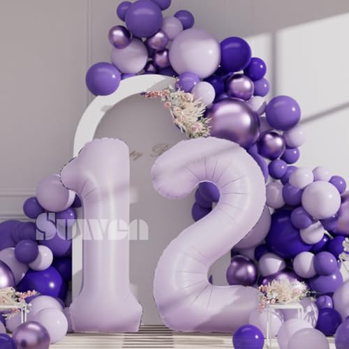 Image of SUWEN 40 Inch Light Purple Large 12 Balloon Number Big Foil Helium Lavender Number Balloons Huge Mylar 0-9 Giant Jumbo Happy 12th Birthday Party Anniversary Decorations