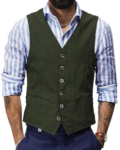 Men's Summer Linen Vest Casual Waistcoat Regular Fit Suit V Neck Vests for Party and Beach