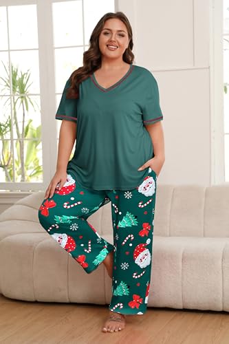 Image of Vozanet Women's Plus Size Pajama Sets Short Sleeve Long Pants Solid Color with Piping Trim Elegant Loungewear Cozy Sleepwear