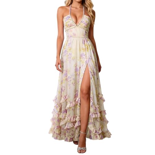 Robe maxi florale col en V profond et jupe large en tulle léger