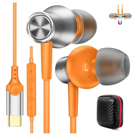 COOYA USB C Headphones for iPhone 17 16 Pro Max iPad Wired Earbuds Orange | Magnetic HiFi Stereo Type-C in-Ear Earphone Remote & Mic for Samsung S26 Ultra S25 A16 Pixel 10 School for Chromebook Laptop