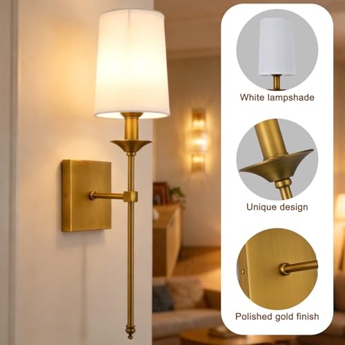 Image of Hardwired Wall Sconces Set of 2, Mid Century Candlestick Style Wall Mounted Sconce with Pure White Cylindrical Shade and Long Slim Stem,for Bathroom Bedroom Living Room