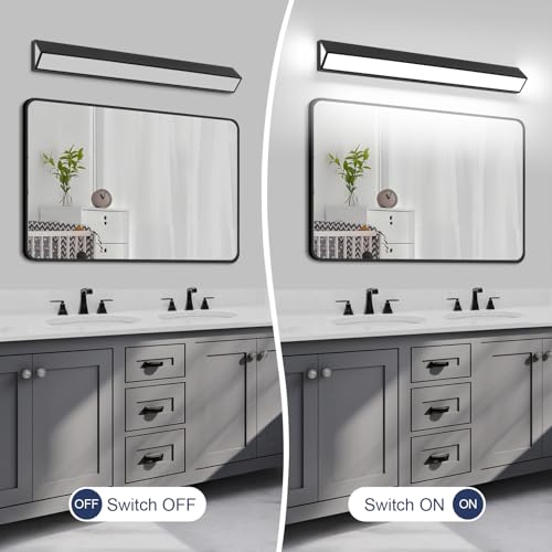 Image of 40-Inch LED Modern Bathroom Vanity Light Fixtures, Matte Black Modern Acrylic Bathroom Wall Lighting Fixtures Over Mirror (Cool White 6000K)