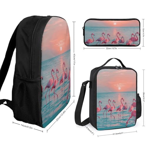 3 Piece Backpack for Women Men Lightweight Causal Daypack Shoulder Bag Set with Insulated Lunch Bag And Pencil Case Organizers Flamingos at Dusk2