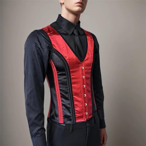 Men's Red Corset Vest Tight-Fitting Vintage Waistcoat Lace Up Tummy Control Tank Tops Slimming3