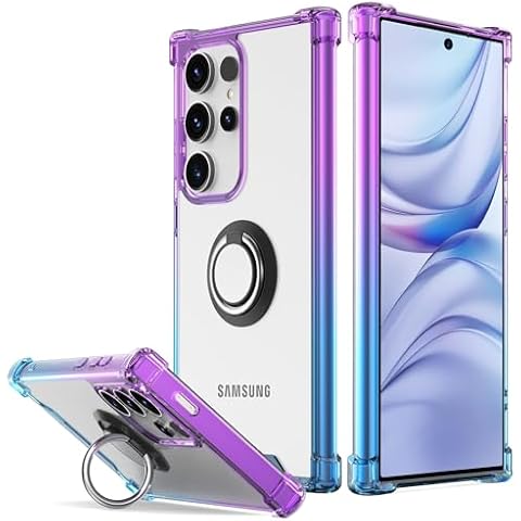 DAUPIN for Galaxy S24 Ultra Case Clear with 360 Rotation Metal Ring Holder Stand, Support Magnetic Car Phone Mount Soft TPU Bumper PC Hard Protective Phone Case for Samsung S24 Ultra (Purple Blue) Cover