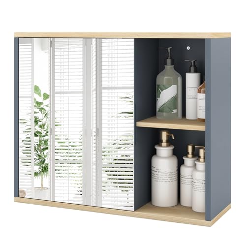 GIANTEX Spiegelschrank Bad, Wandschrank mit Spiegeltür & Verstellbarer Ablage, Badschrank Hängeschrank für Flur und Wohnzimmer, 60 x 20 x 50 cm