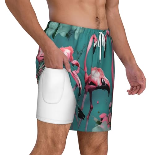 Flamingo Flowers Print Mens Swim Shorts Trunks Inseam Compression Liner Quick Dry Zipper Pocket3